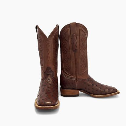 Don Pascual brown full quill ostrich square toe cowboy boot — pair showing front and side view with brown cowhide diamond stitch shaft and full quill ostrich vamp