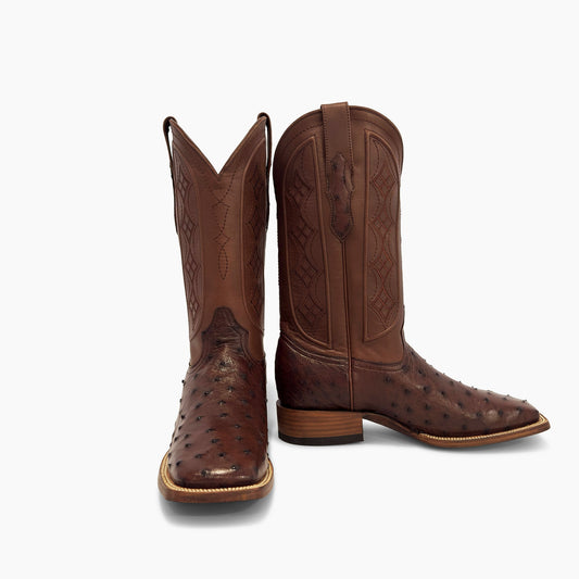 Don Pascual brown full quill ostrich square toe cowboy boot — pair showing front and side view with brown cowhide diamond stitch shaft and full quill ostrich vamp