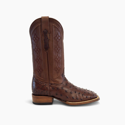 Don Pascual brown full quill ostrich square toe cowboy boot — right side profile showing rich chocolate brown ostrich vamp and diamond stitch cowhide shaft