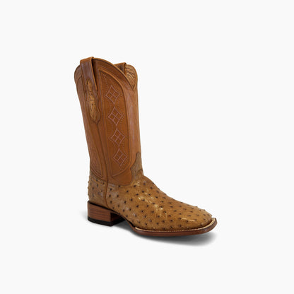 Don Pascual desert full quill ostrich square toe cowboy boot — three-quarter angle view showing warm golden desert ostrich vamp and stacked leather heel