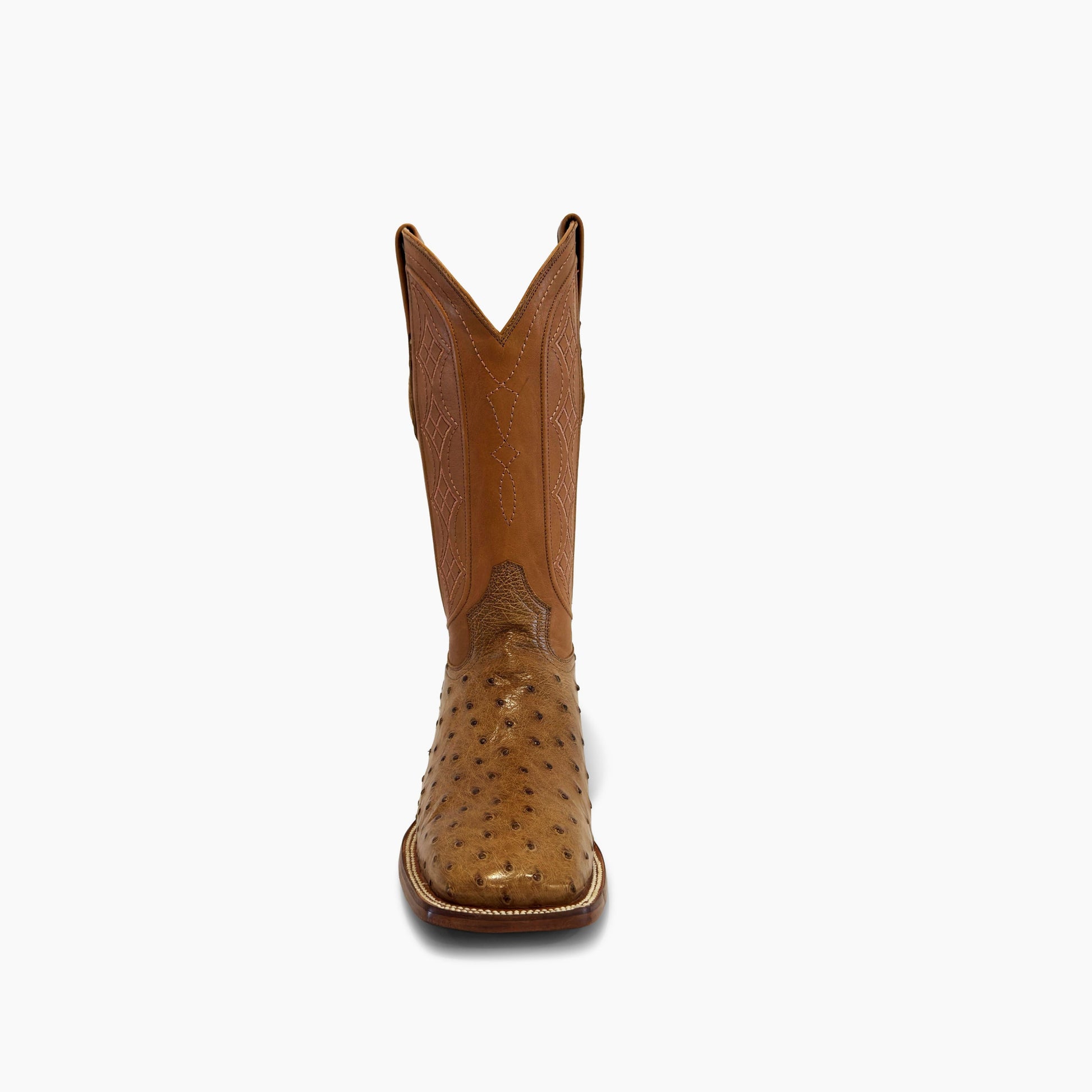 Don Pascual desert full quill ostrich square toe cowboy boot — front view showing square toe shape and full quill ostrich texture in desert colorway
