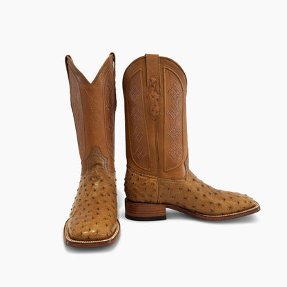 Don Pascual desert full quill ostrich square toe cowboy boot — pair showing front and side view with tan cowhide diamond stitch shaft and ostrich pull-tab detail