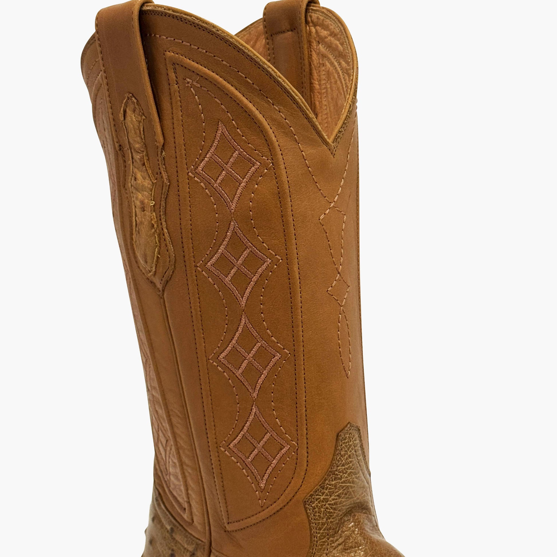 Don Pascual desert full quill ostrich square toe cowboy boot — close-up of tan cowhide shaft showing diamond stitch pattern and hand-stitched ostrich pull-tab inlay