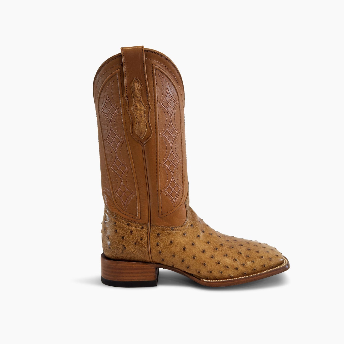Don Pascual desert full quill ostrich square toe cowboy boot — right side profile showing tan cowhide shaft with diamond stitch and ostrich pull-tab inlay