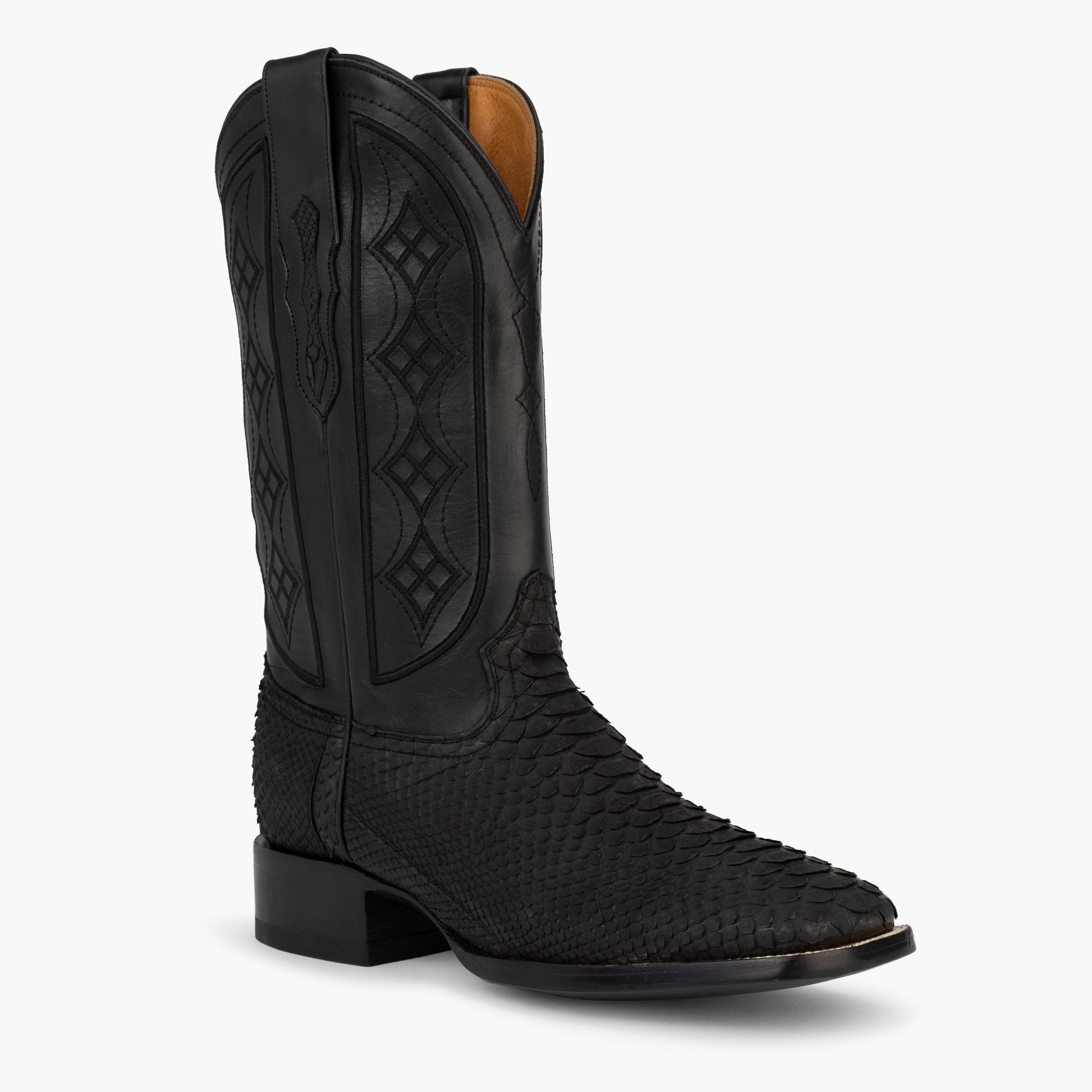 Don Pascual matte black python square toe cowboy boot — three-quarter angle view showing python scale vamp texture and stacked leather heel