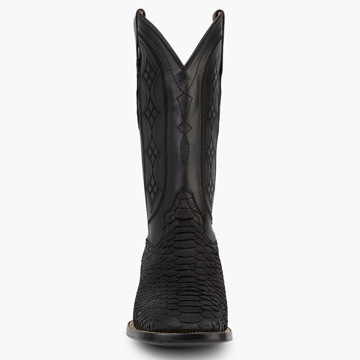 Don Pascual matte black python square toe cowboy boot — front view showing square toe shape and matte black python scales