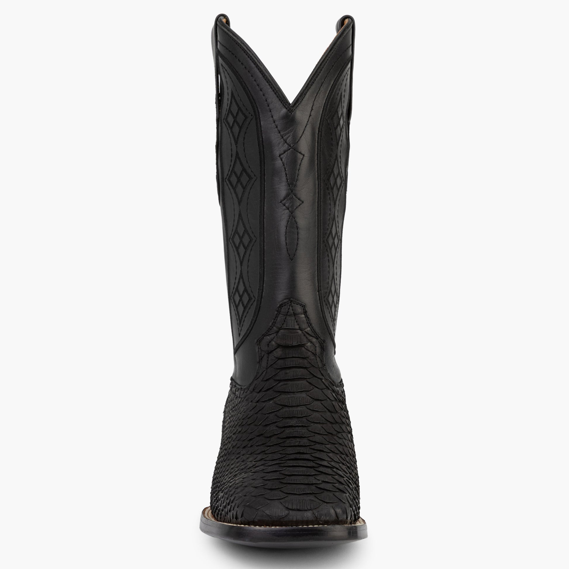 Don Pascual matte black python square toe cowboy boot — front view showing square toe shape and matte black python scales