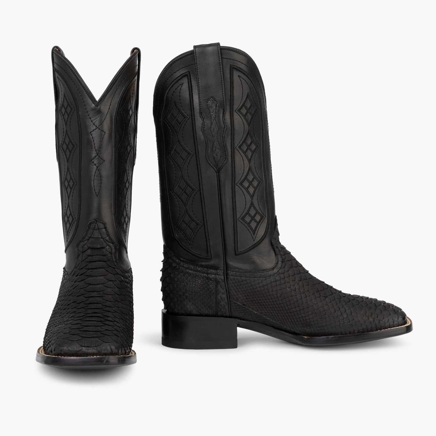 Don Pascual matte black python square toe cowboy boot — pair showing front and side view with black cowhide shaft diamond stitch detail