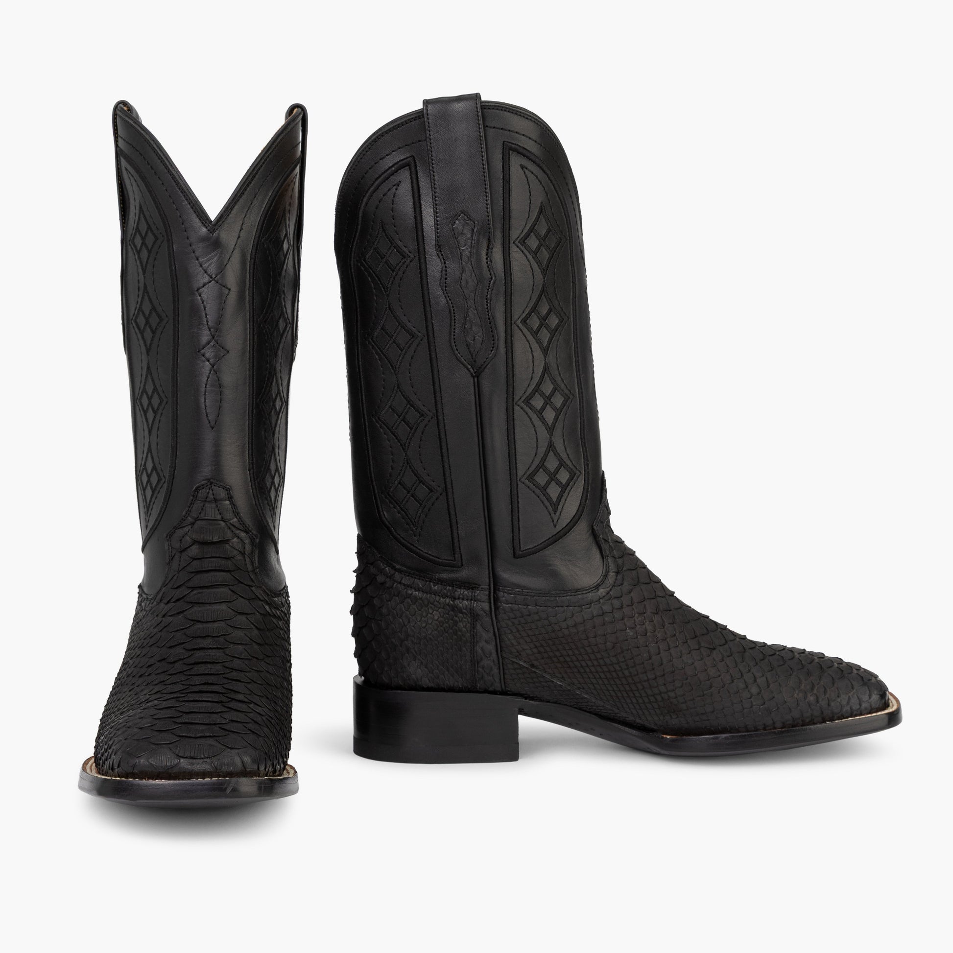Don Pascual matte black python square toe cowboy boot — pair showing front and side view with black cowhide shaft diamond stitch detail