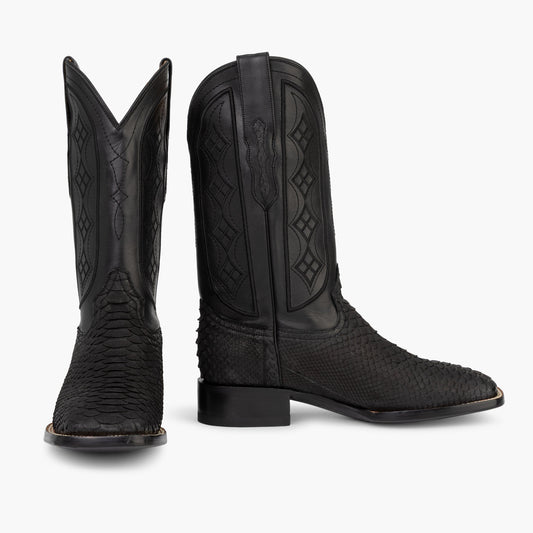 Don Pascual matte black python square toe cowboy boot — pair showing front and side view with black cowhide shaft diamond stitch detail