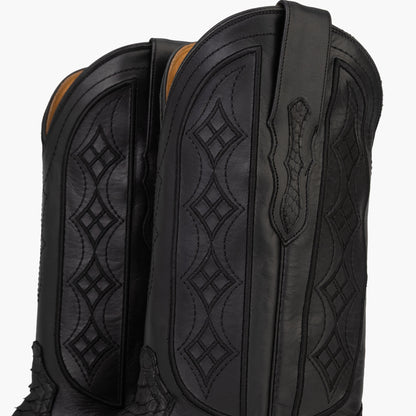 Don Pascual matte black python square toe cowboy boot — close-up of black cowhide shaft showing embossed diamond stitch pattern