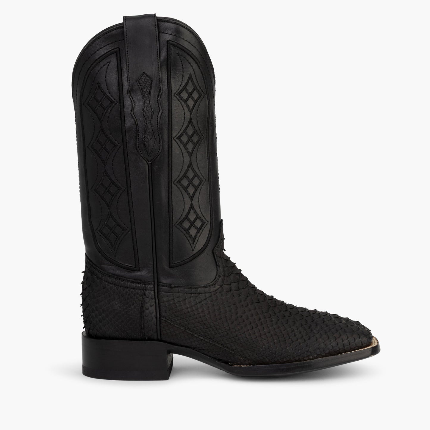 Don Pascual matte black python square toe cowboy boot — right side profile showing black cowhide shaft with diamond stitch design