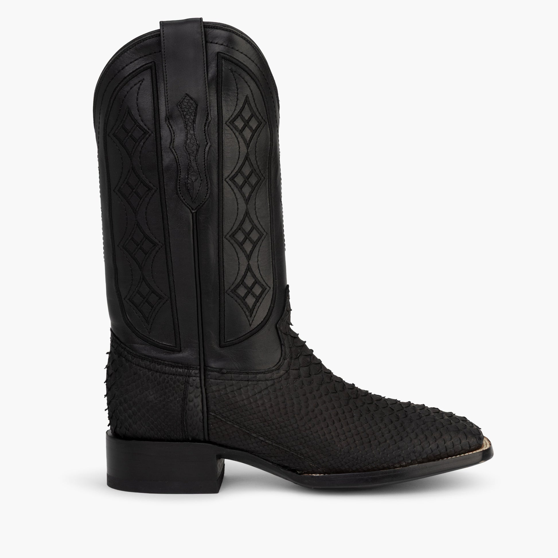 Don Pascual matte black python square toe cowboy boot — right side profile showing black cowhide shaft with diamond stitch design