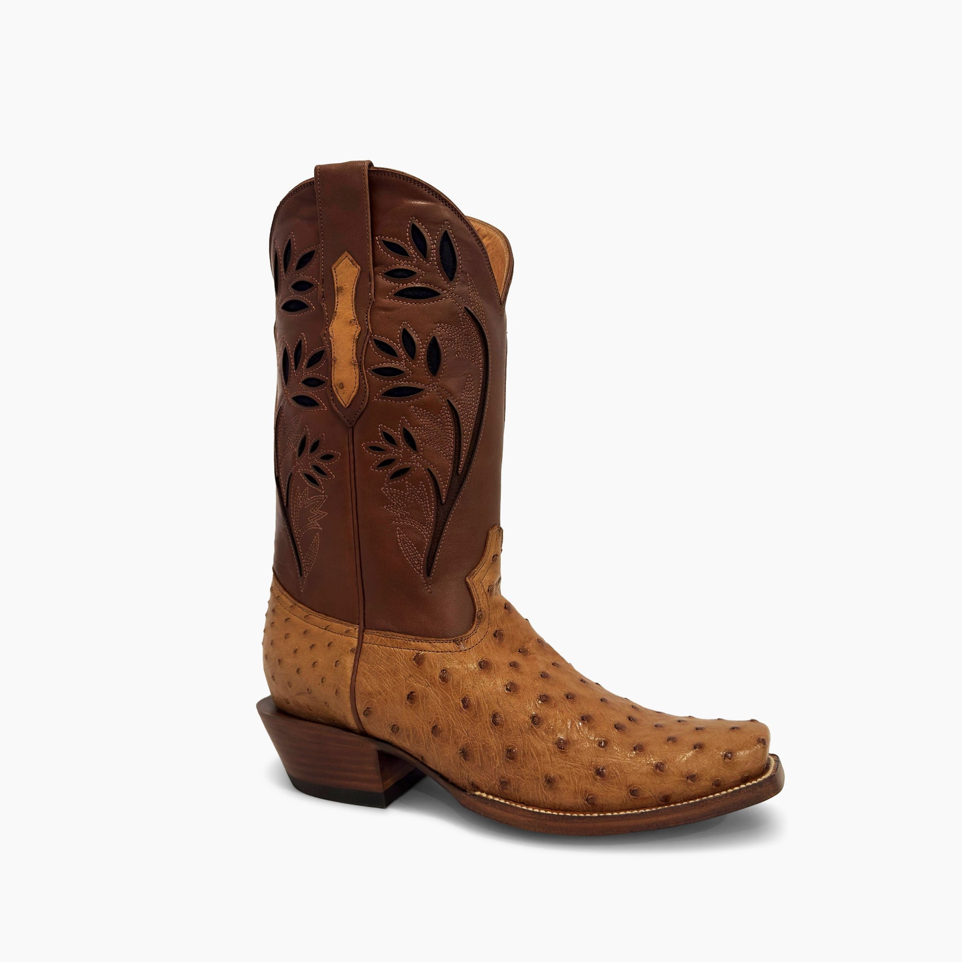J Charles cognac full quill ostrich cutter toe cowboy boot — three-quarter angle view showing full quill ostrich texture and stacked leather heel