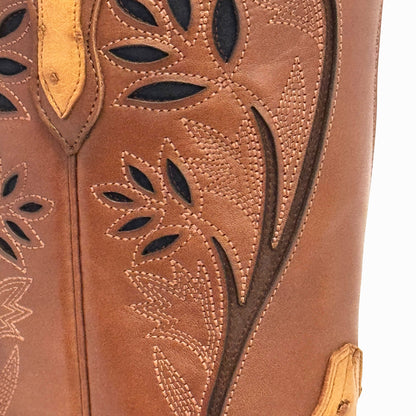 J Charles cognac full quill ostrich cutter toe cowboy boot — detail of embroidered floral stitching and cut-out leaf pattern on brown cowhide shaft