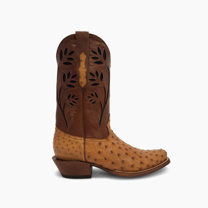 J Charles cognac full quill ostrich cutter toe cowboy boot — right side profile showing hand-cut floral perforated shaft and cognac ostrich vamp